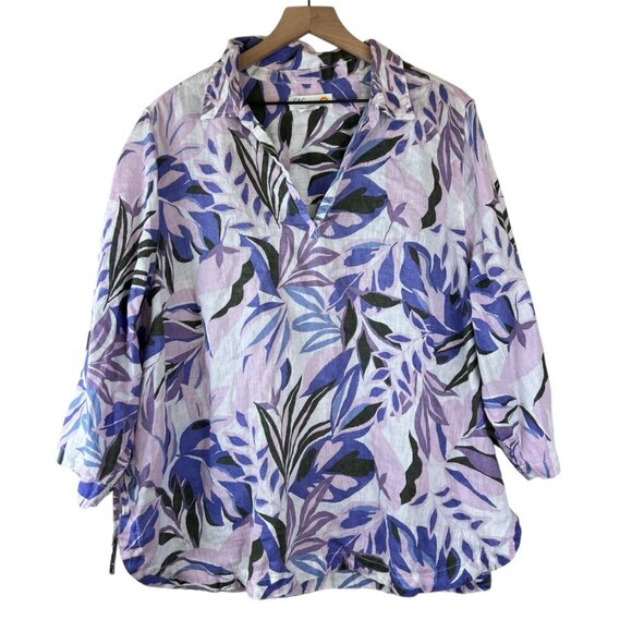 C&C California Purple White Floral Printed Linen Popover Top - Picture 1 of 5
